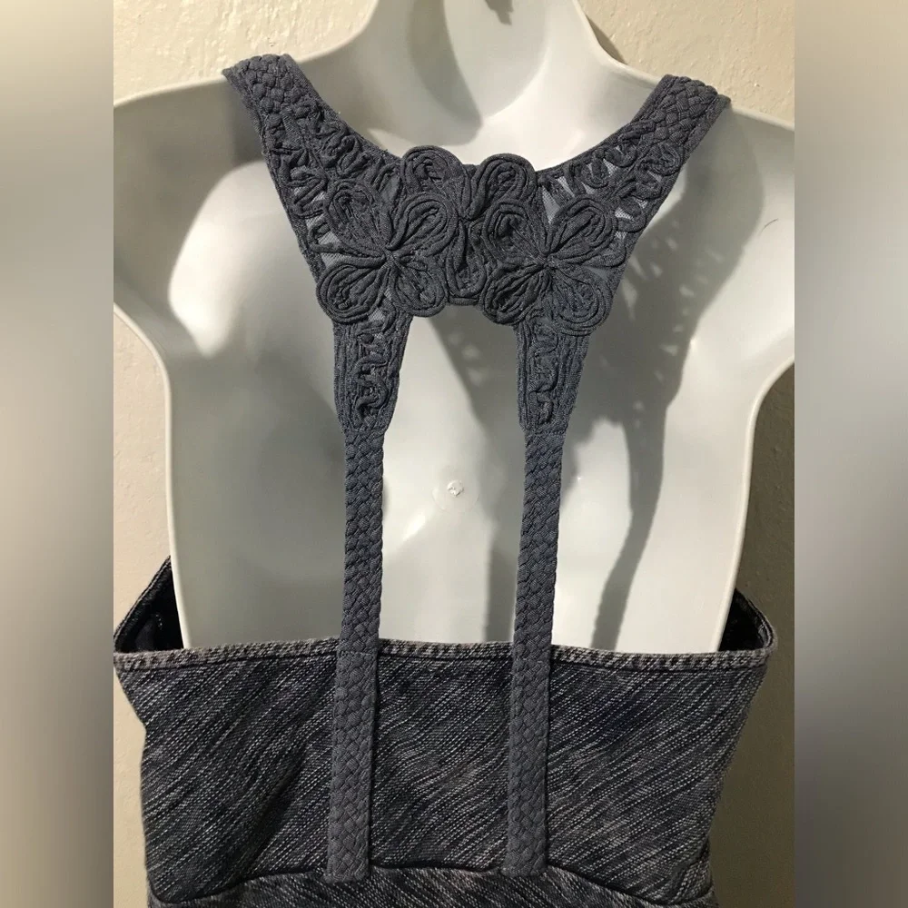 Free People (Size Large) Bodycon Mini Dress Blue/Pink, Thick Knit Floral Straps